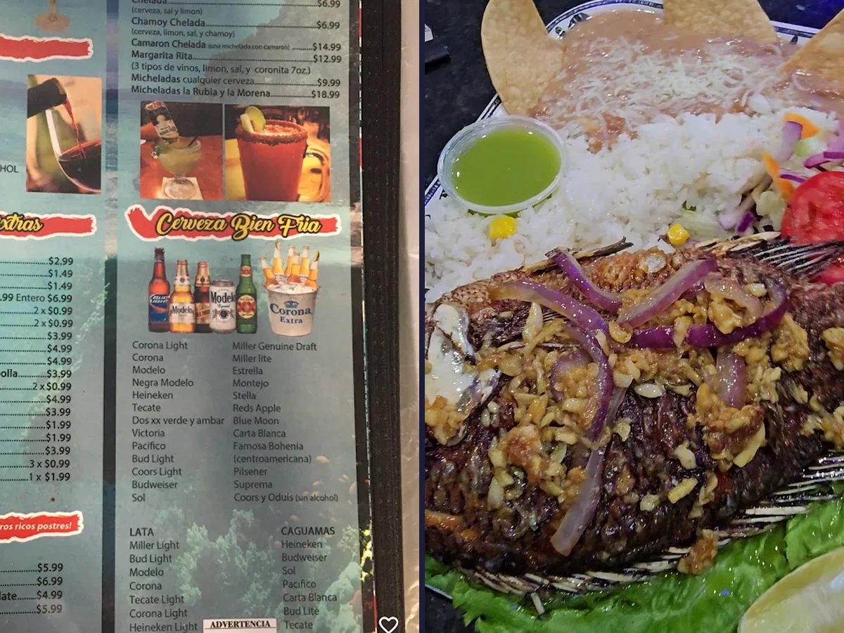 Mexican seafood meal with drinks nearby.