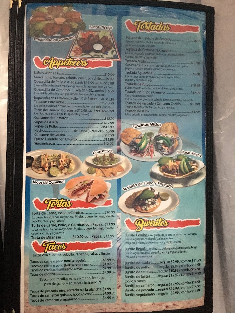 Menu layout showing drinks and main dishes.