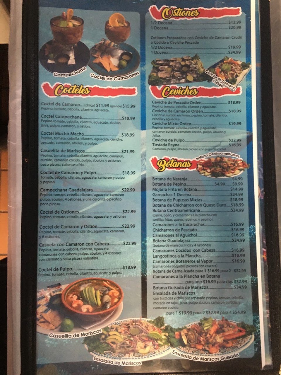 Menu page with seafood and cocktail sections.